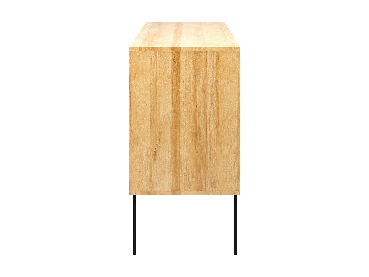 Light brown wood sideboard buffet with sleek design, featuring two cabinet doors and three drawers, metal handles, and a smooth finish. Ideal for modern dining rooms or living spaces.