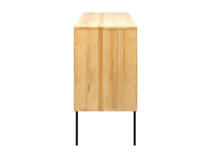Light brown wood sideboard buffet with sleek design, featuring two cabinet doors and three drawers, metal handles, and a smooth finish. Ideal for modern dining rooms or living spaces.