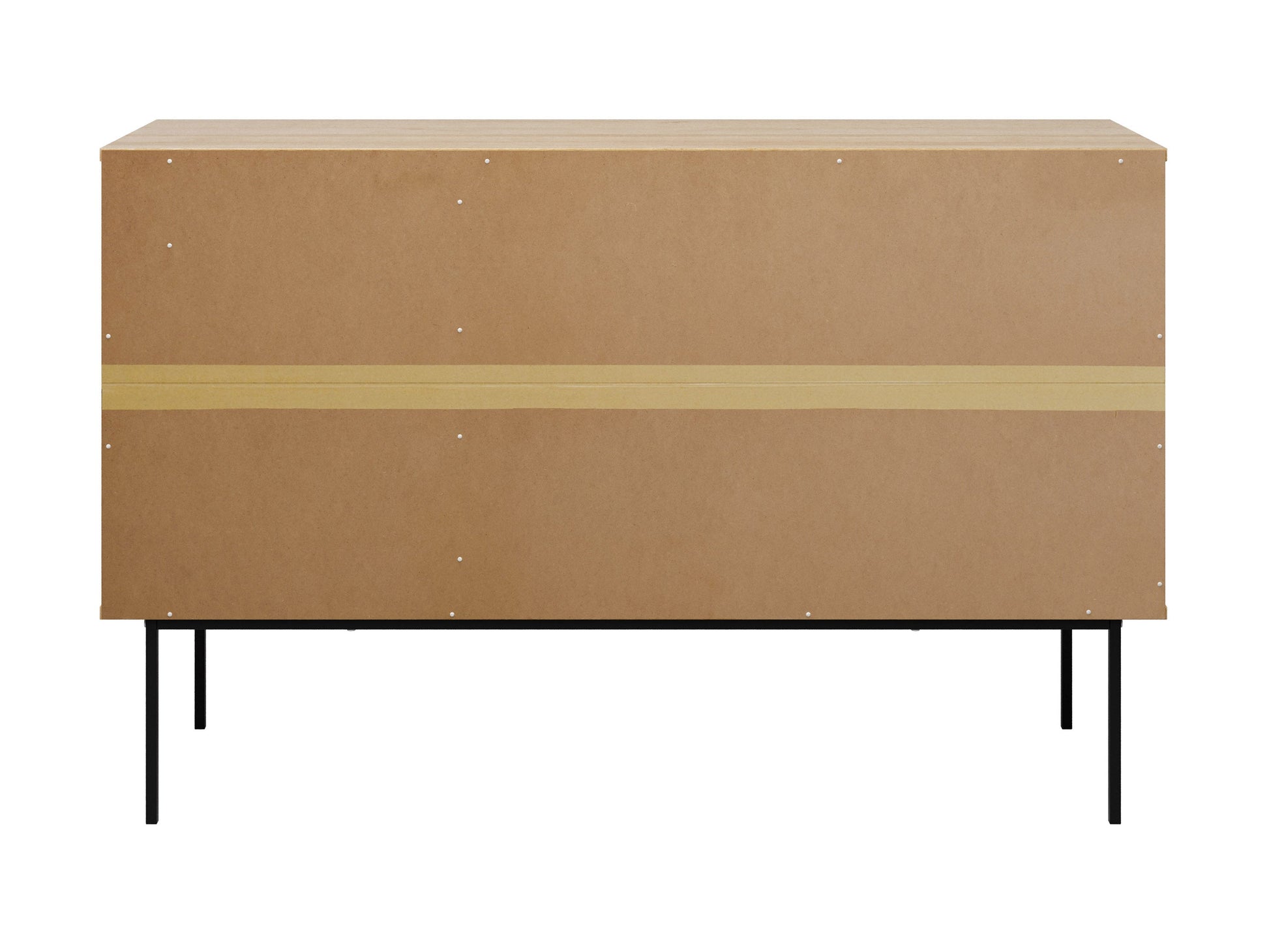 Light brown wood sideboard buffet with sleek design, featuring two cabinet doors and three drawers, metal handles, and a smooth finish. Ideal for modern dining rooms or living spaces.