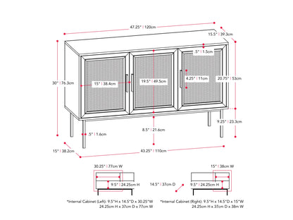 Black wood sideboard buffet with sleek handles, two doors, and three drawers. Features smooth finish, modern design, and ample storage space. Ideal for dining rooms or living spaces.