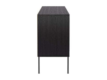 Black wood sideboard buffet with sleek handles, two doors, and three drawers. Features smooth finish, modern design, and ample storage space. Ideal for dining rooms or living spaces.