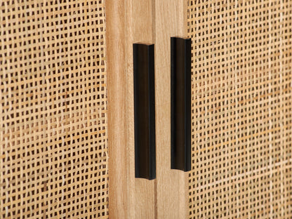 Light wood dining cabinet with clean lines, two doors, and minimalist metal handles. Features a natural finish with subtle wood grain texture, perfect for modern or Scandinavian interiors.