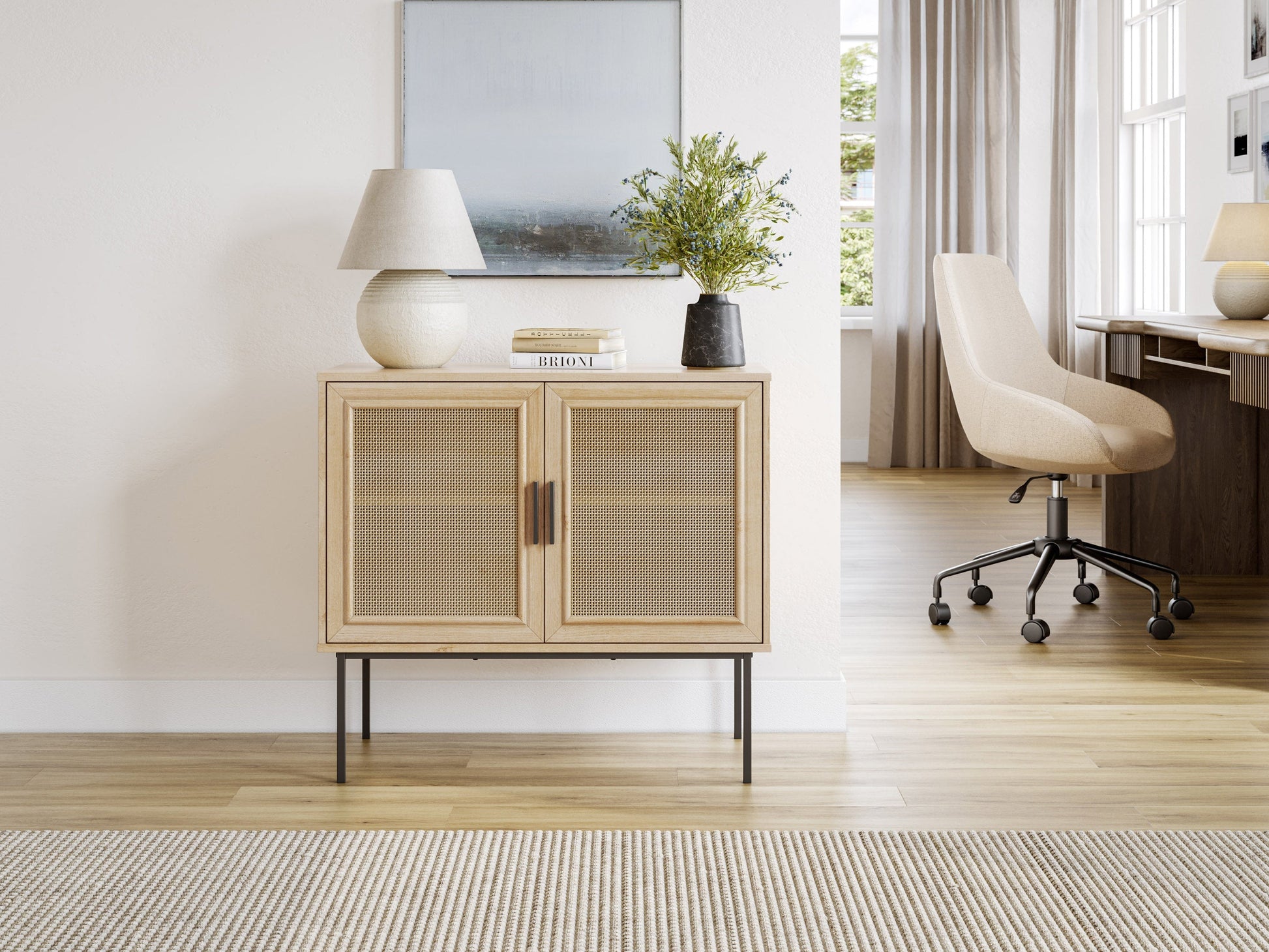 Light wood dining cabinet with clean lines, two doors, and minimalist metal handles. Features a natural finish with subtle wood grain texture, perfect for modern or Scandinavian interiors.