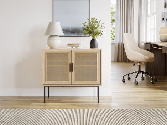 Light wood dining cabinet with clean lines, two doors, and minimalist metal handles. Features a natural finish with subtle wood grain texture, perfect for modern or Scandinavian interiors.