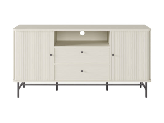 White curved sideboard with sleek modern design, featuring smooth white lacquer finish, curved edges, and minimalist handles. Ideal for contemporary living spaces, offering ample storage with a stylish touch.