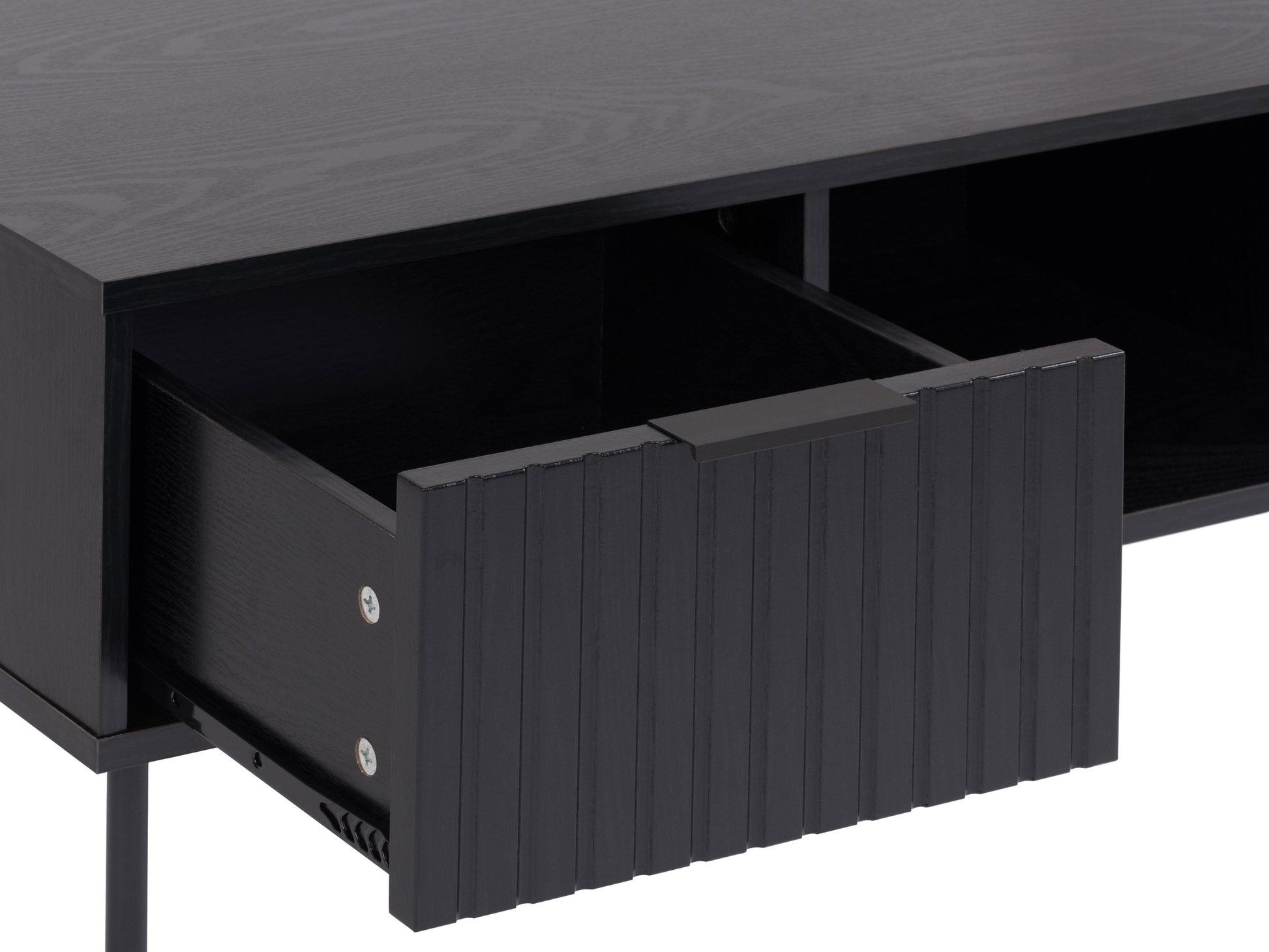 Black fluted coffee table with sleek round design, made of durable wood, featuring a textured fluted base and smooth top surface, perfect for modern living rooms or minimalist decor.