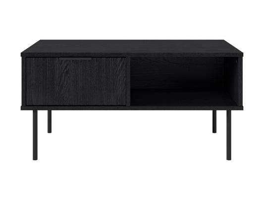 Black fluted coffee table with sleek round design, made of durable wood, featuring a textured fluted base and smooth top surface, perfect for modern living rooms or minimalist decor.