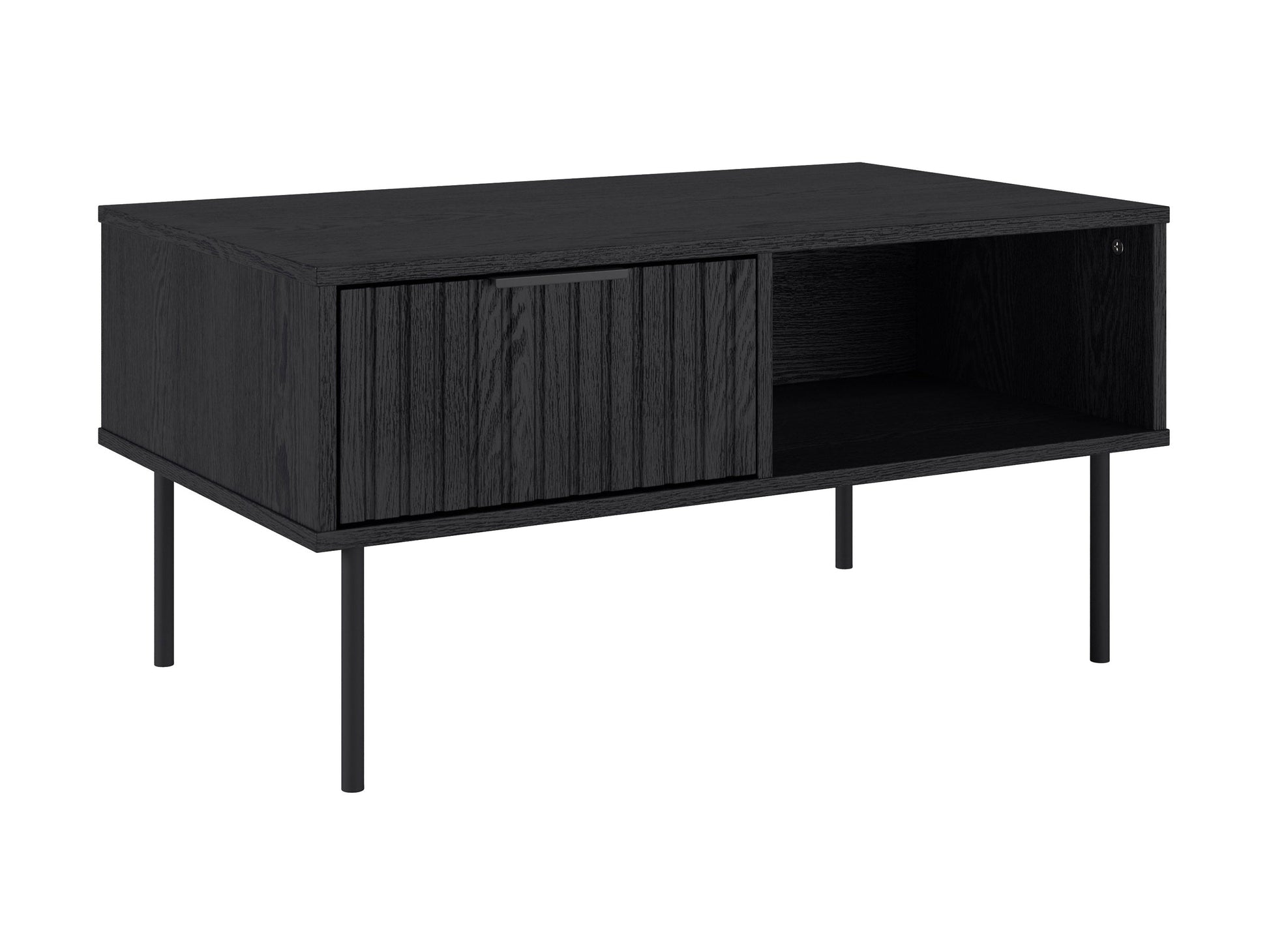 Black fluted coffee table with sleek round design, made of durable wood, featuring a textured fluted base and smooth top surface, perfect for modern living rooms or minimalist decor.