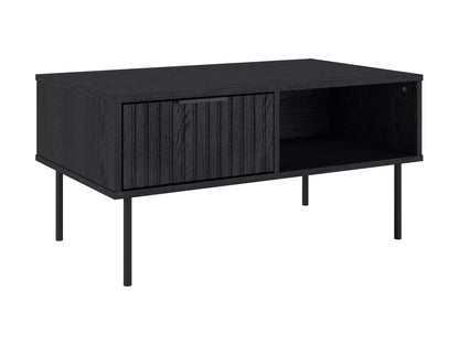 Black fluted coffee table with sleek round design, made of durable wood, featuring a textured fluted base and smooth top surface, perfect for modern living rooms or minimalist decor.