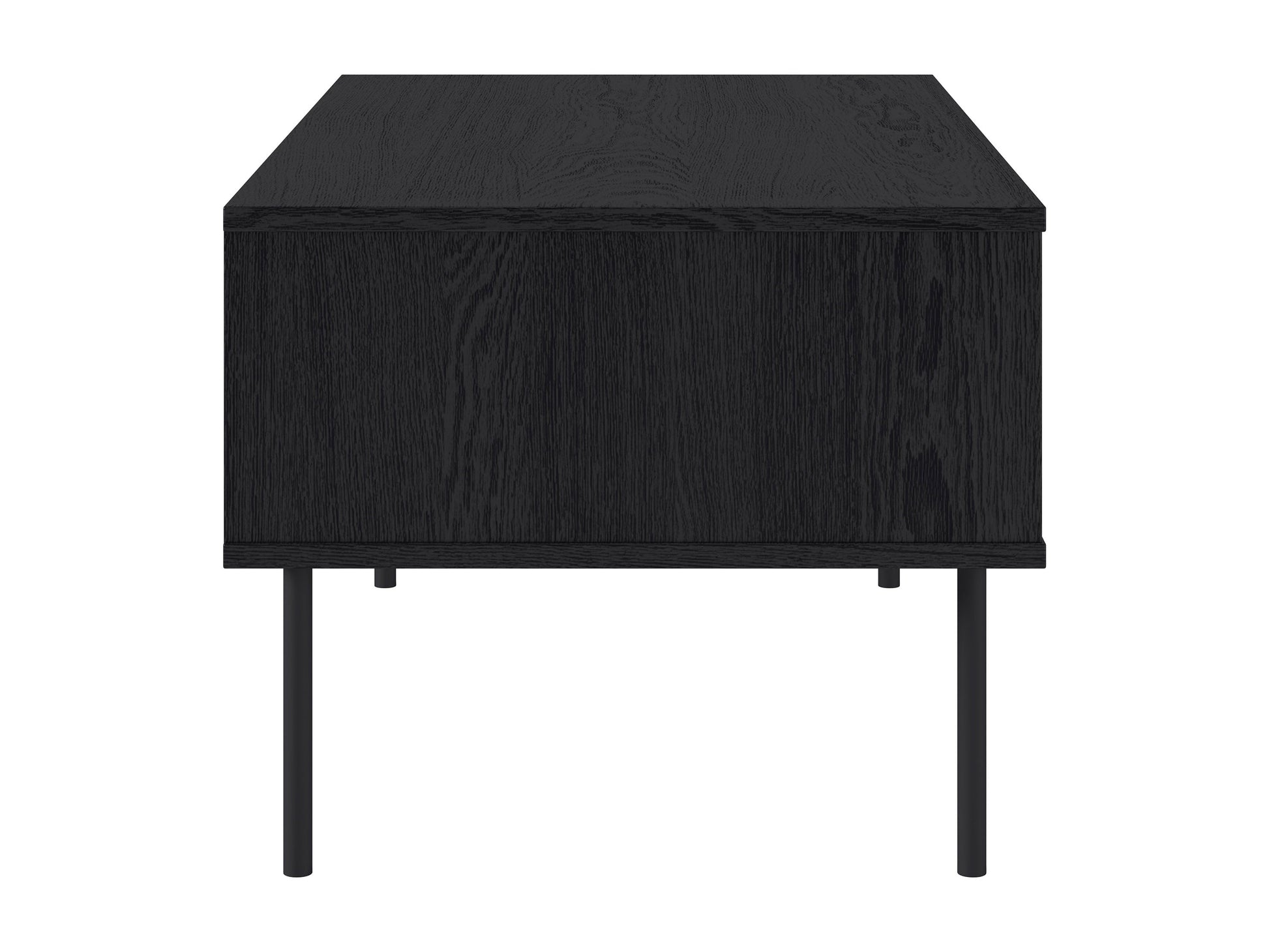 Black fluted coffee table with sleek round design, made of durable wood, featuring a textured fluted base and smooth top surface, perfect for modern living rooms or minimalist decor.