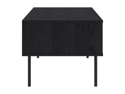 Black fluted coffee table with sleek round design, made of durable wood, featuring a textured fluted base and smooth top surface, perfect for modern living rooms or minimalist decor.