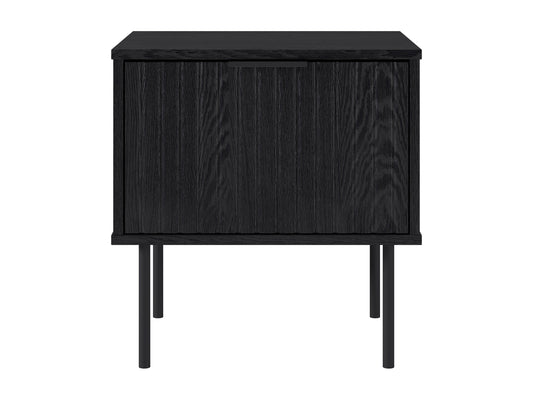 Black fluted side table with a round top, sleek black finish, and vertical grooves for a modern, elegant look. Made of durable wood, perfect for living rooms or bedrooms as a stylish accent piece.