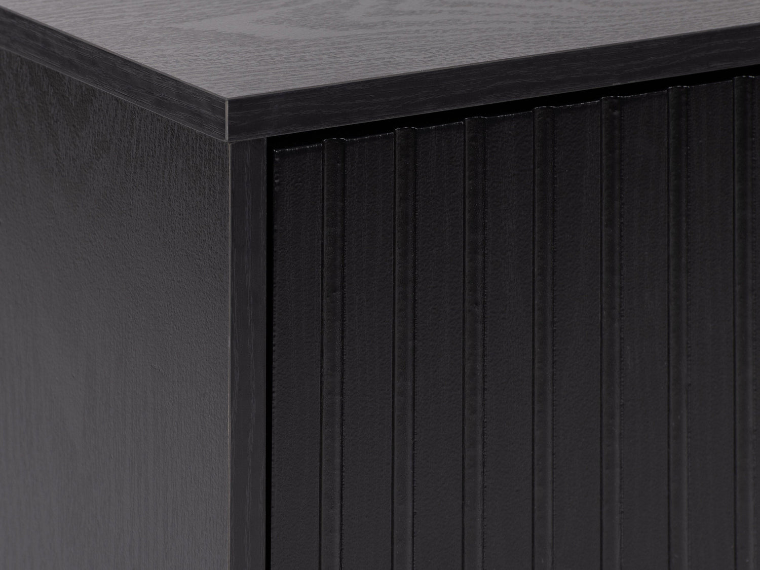 Black fluted TV stand with sleek, modern design featuring vertical grooves, two spacious cabinets, and open shelving, made of durable wood and metal accents, perfect for contemporary living rooms.