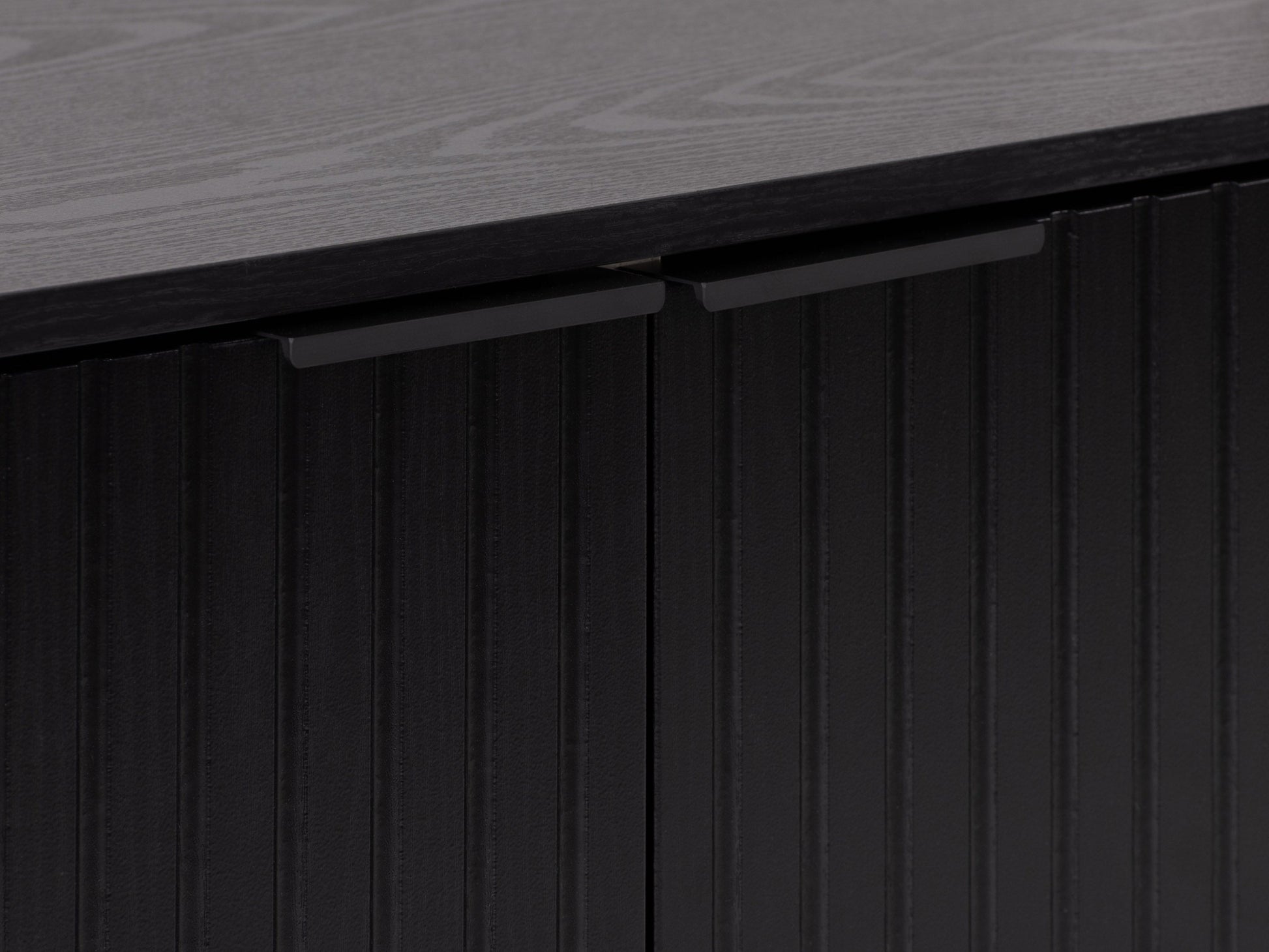 Black fluted TV stand with sleek, modern design featuring vertical grooves, two spacious cabinets, and open shelving, made of durable wood and metal accents, perfect for contemporary living rooms.