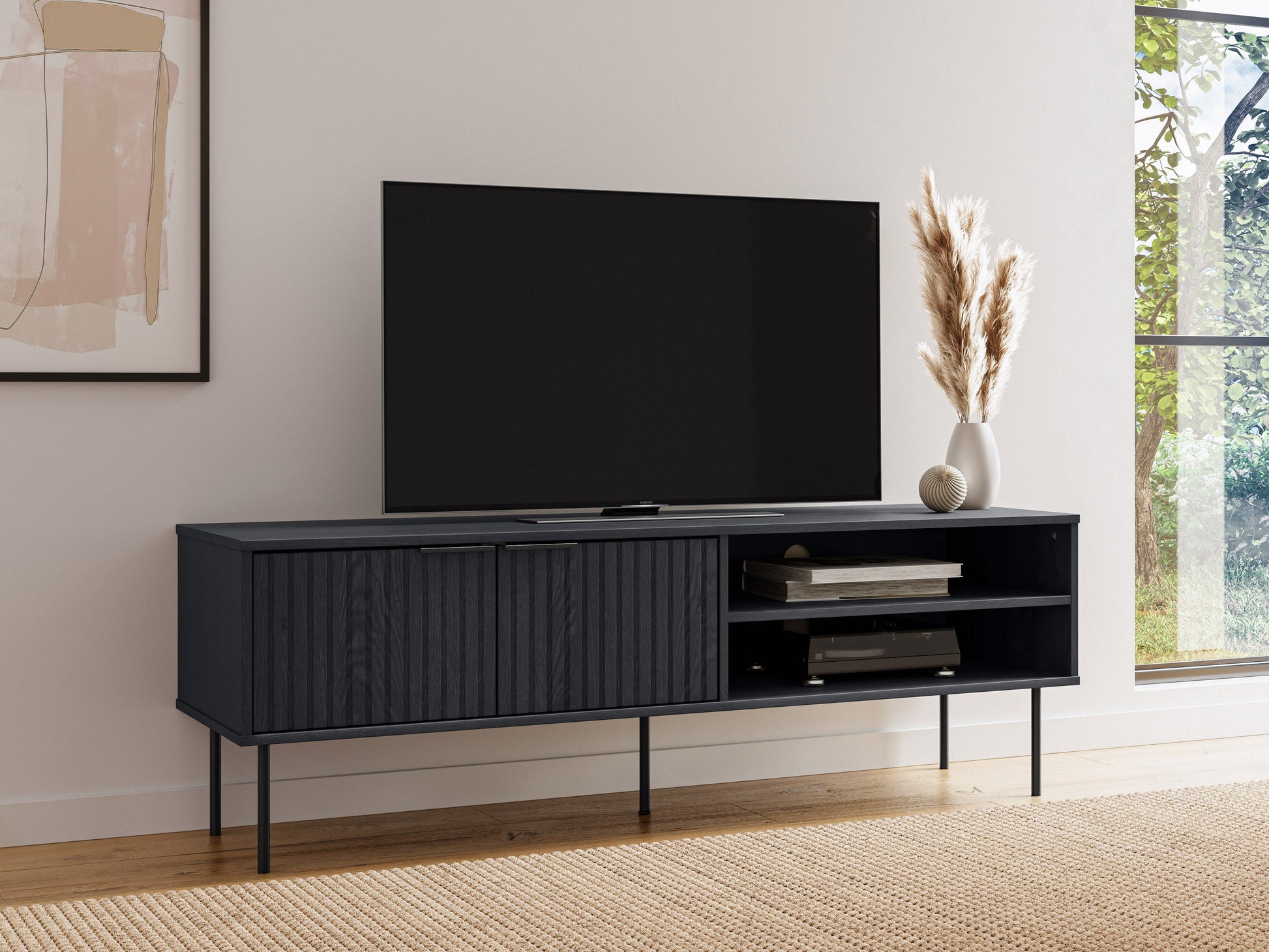 Black fluted TV stand with sleek, modern design featuring vertical grooves, two spacious cabinets, and open shelving, made of durable wood and metal accents, perfect for contemporary living rooms.