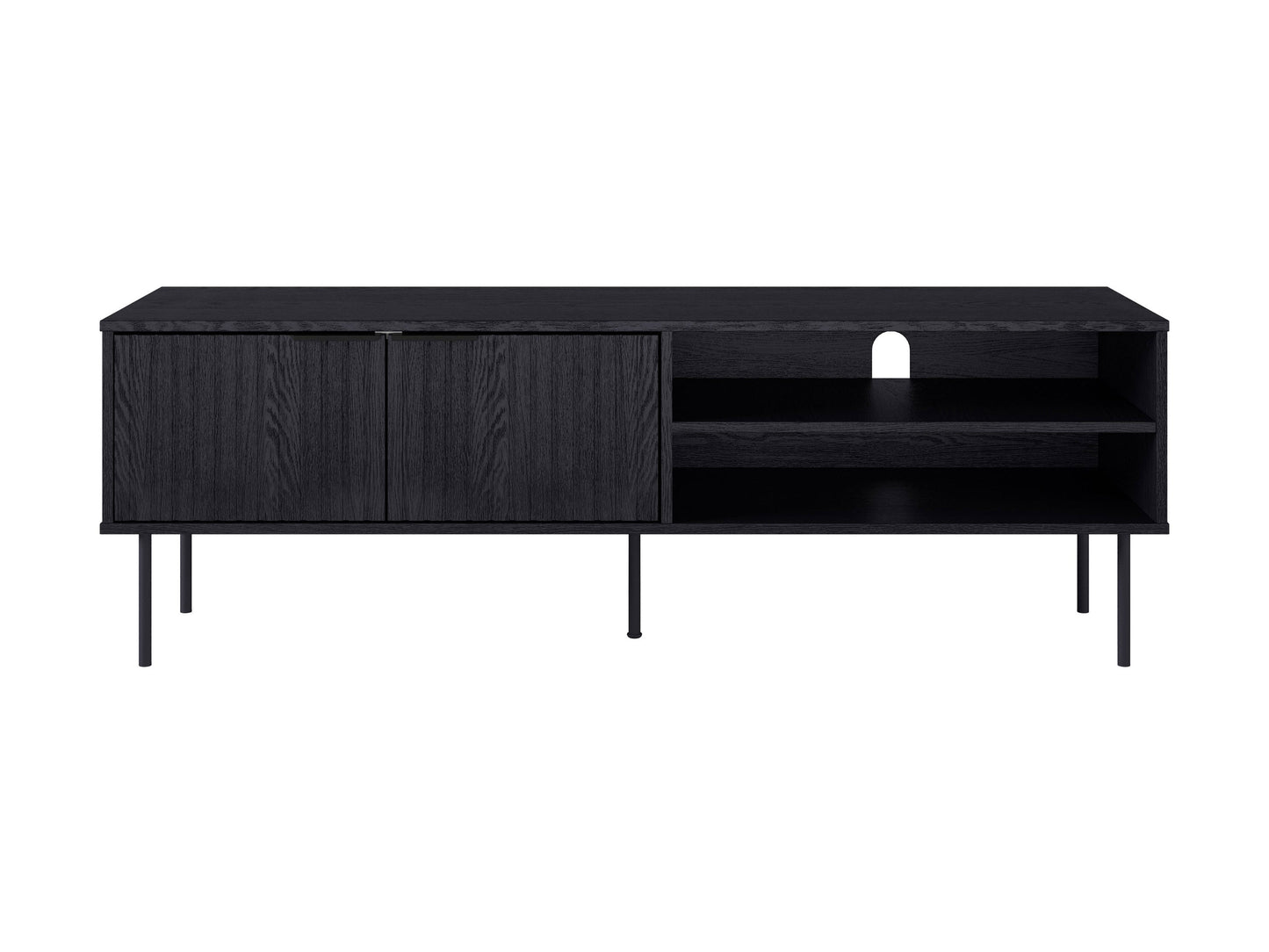Black fluted TV stand with sleek, modern design featuring vertical grooves, two spacious cabinets, and open shelving, made of durable wood and metal accents, perfect for contemporary living rooms.