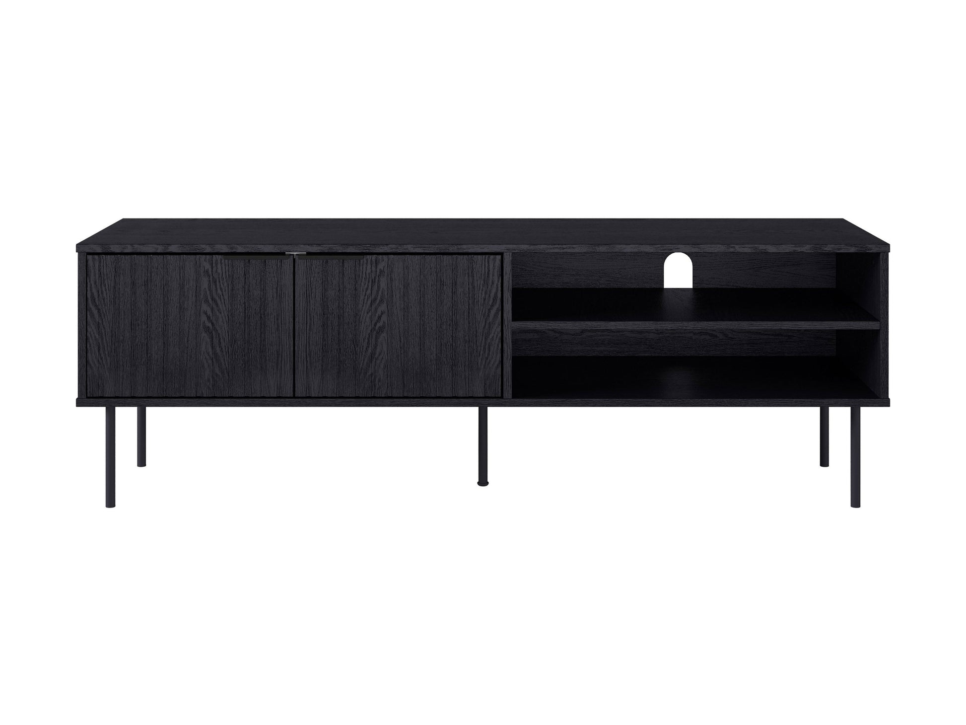 Black fluted TV stand with sleek, modern design featuring vertical grooves, two spacious cabinets, and open shelving, made of durable wood and metal accents, perfect for contemporary living rooms.
