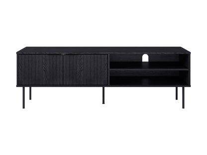 Black fluted TV stand with sleek, modern design featuring vertical grooves, two spacious cabinets, and open shelving, made of durable wood and metal accents, perfect for contemporary living rooms.