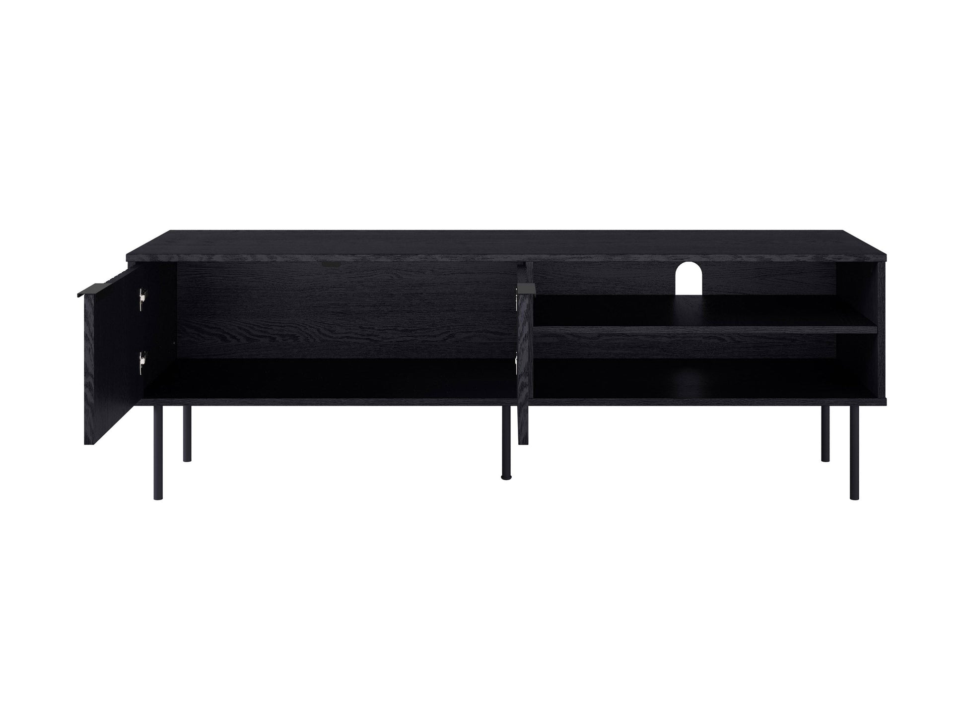 Black fluted TV stand with sleek, modern design featuring vertical grooves, two spacious cabinets, and open shelving, made of durable wood and metal accents, perfect for contemporary living rooms.
