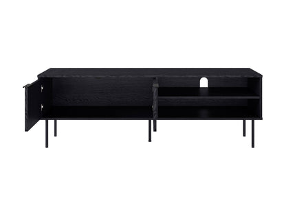 Black fluted TV stand with sleek, modern design featuring vertical grooves, two spacious cabinets, and open shelving, made of durable wood and metal accents, perfect for contemporary living rooms.
