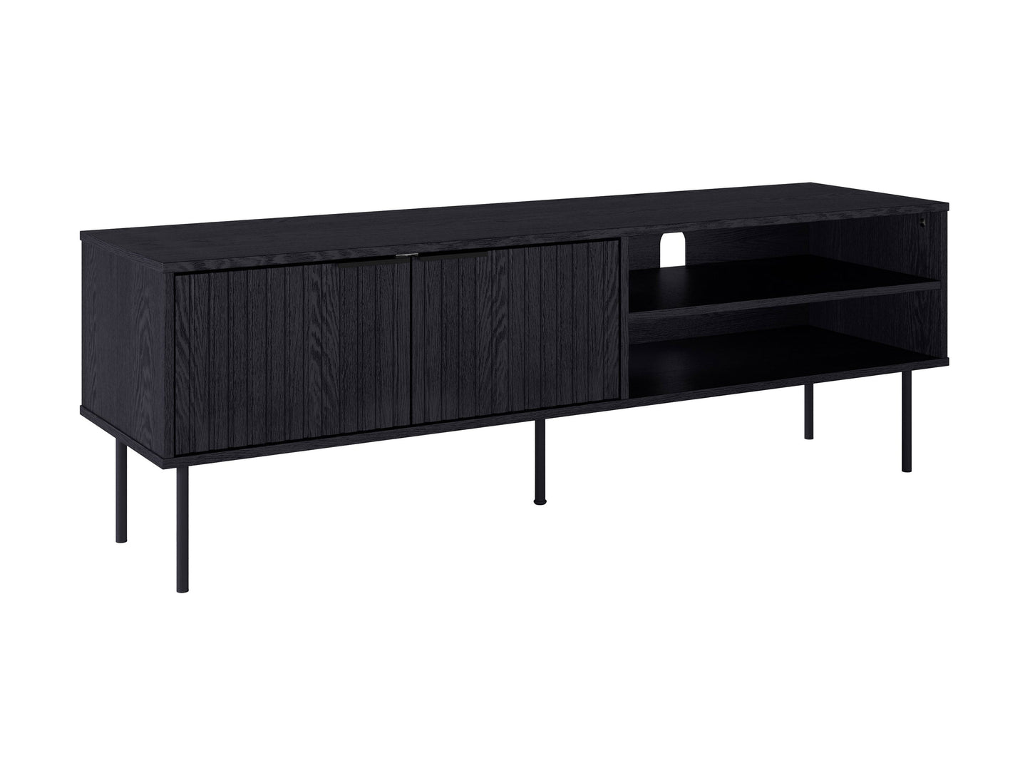 Black fluted TV stand with sleek, modern design featuring vertical grooves, two spacious cabinets, and open shelving, made of durable wood and metal accents, perfect for contemporary living rooms.