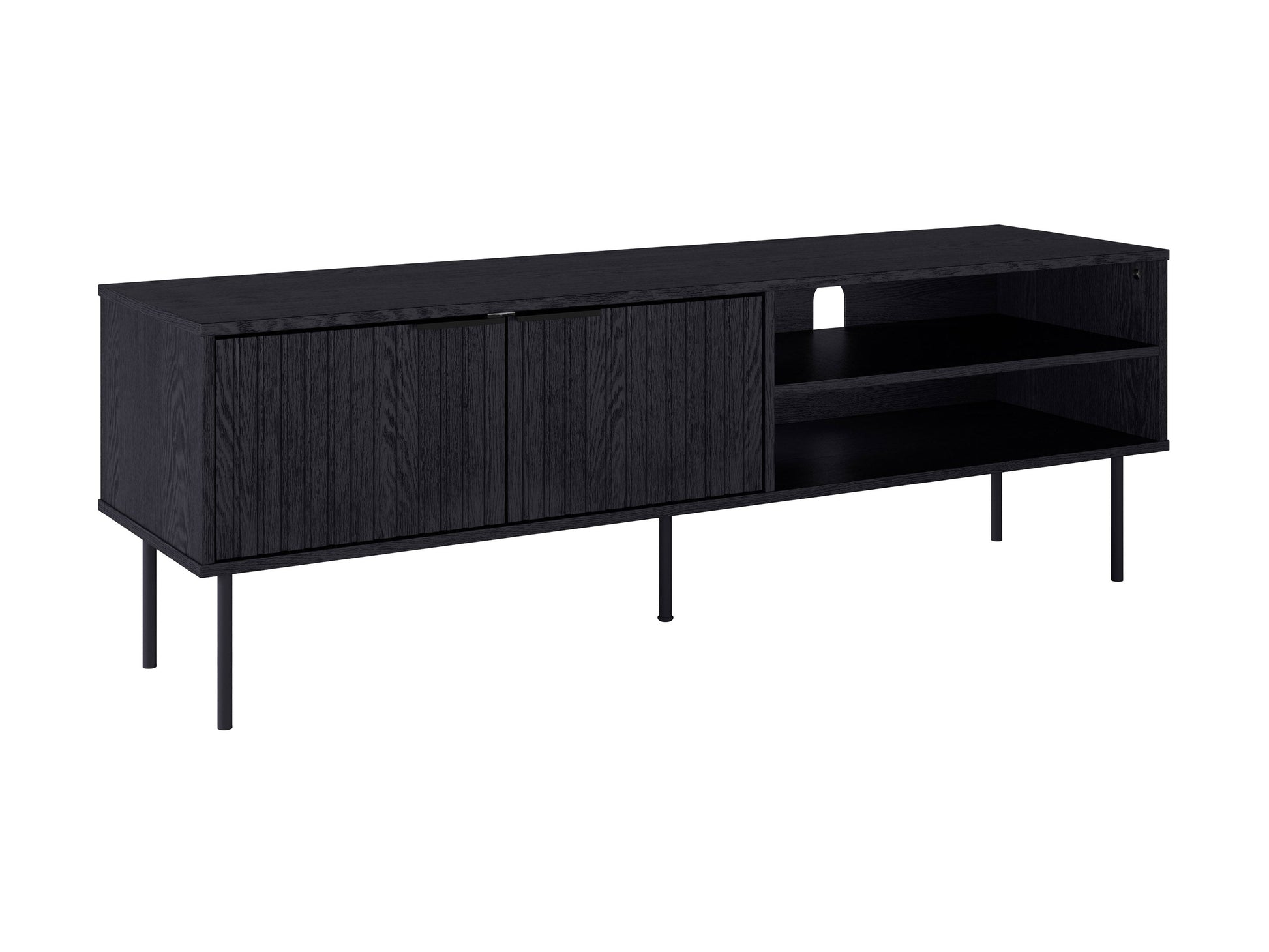 Black fluted TV stand with sleek, modern design featuring vertical grooves, two spacious cabinets, and open shelving, made of durable wood and metal accents, perfect for contemporary living rooms.