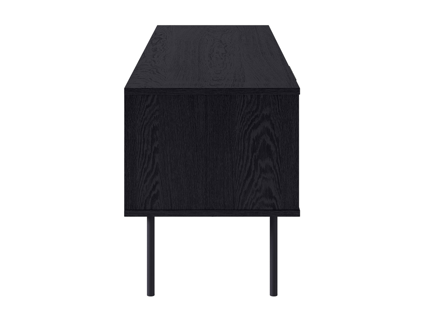 Black fluted TV stand with sleek, modern design featuring vertical grooves, two spacious cabinets, and open shelving, made of durable wood and metal accents, perfect for contemporary living rooms.