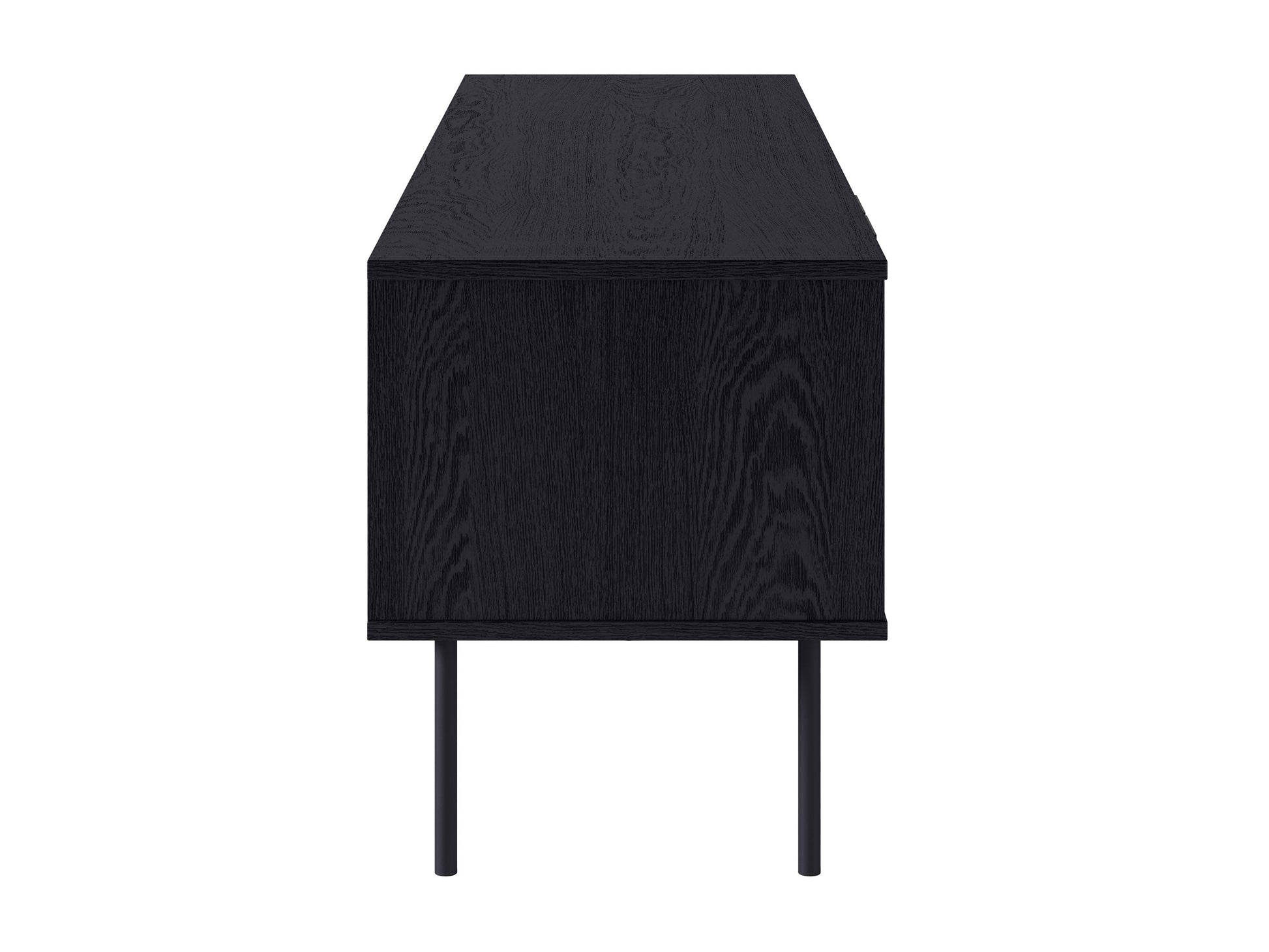 Black fluted TV stand with sleek, modern design featuring vertical grooves, two spacious cabinets, and open shelving, made of durable wood and metal accents, perfect for contemporary living rooms.