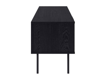 Black fluted TV stand with sleek, modern design featuring vertical grooves, two spacious cabinets, and open shelving, made of durable wood and metal accents, perfect for contemporary living rooms.