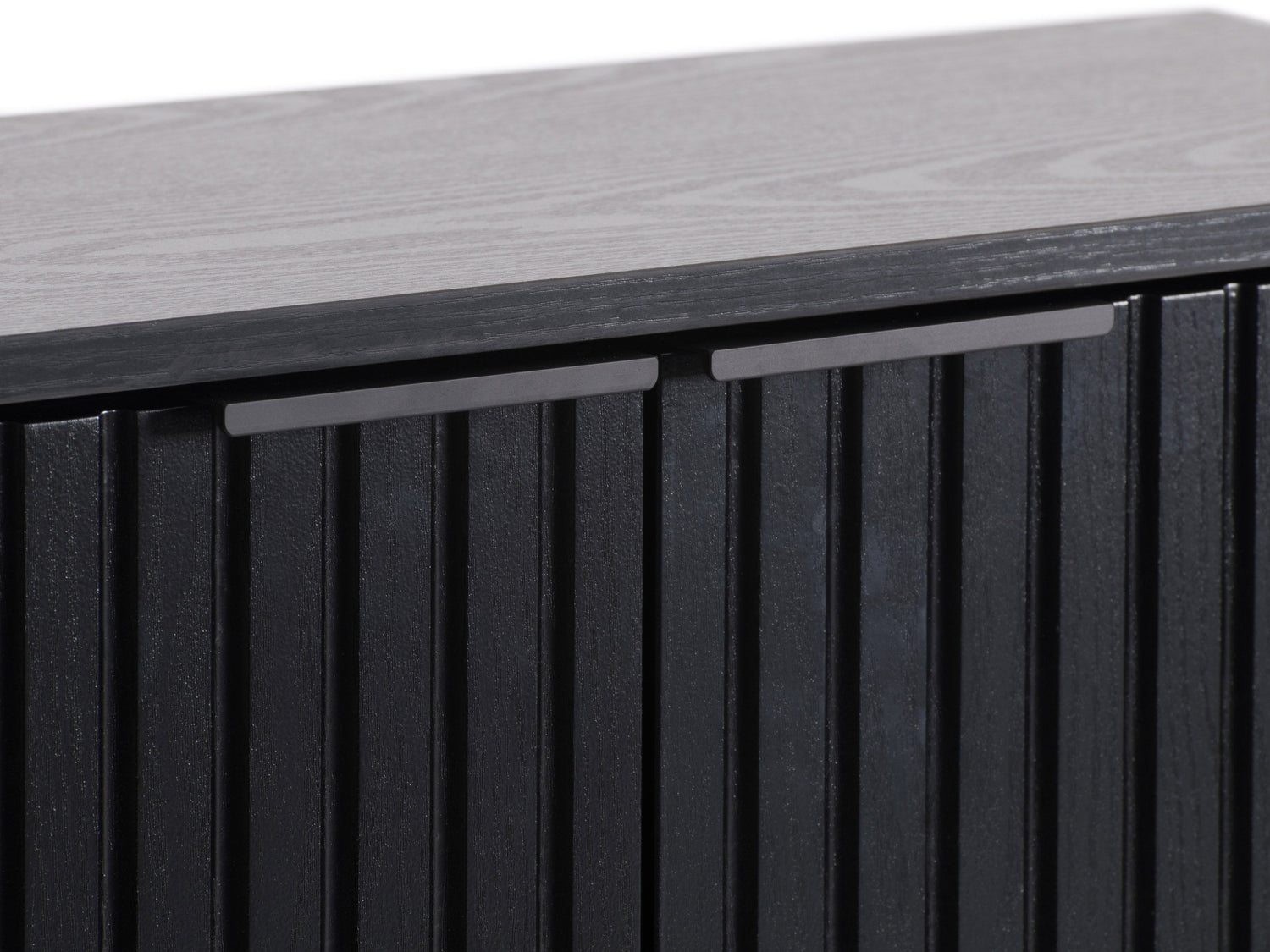Dark wood bar cabinet with brass handles, featuring a sleek modern design, two doors with geometric patterns, and interior shelving for wine and glass storage. Ideal for dining room or home bar.