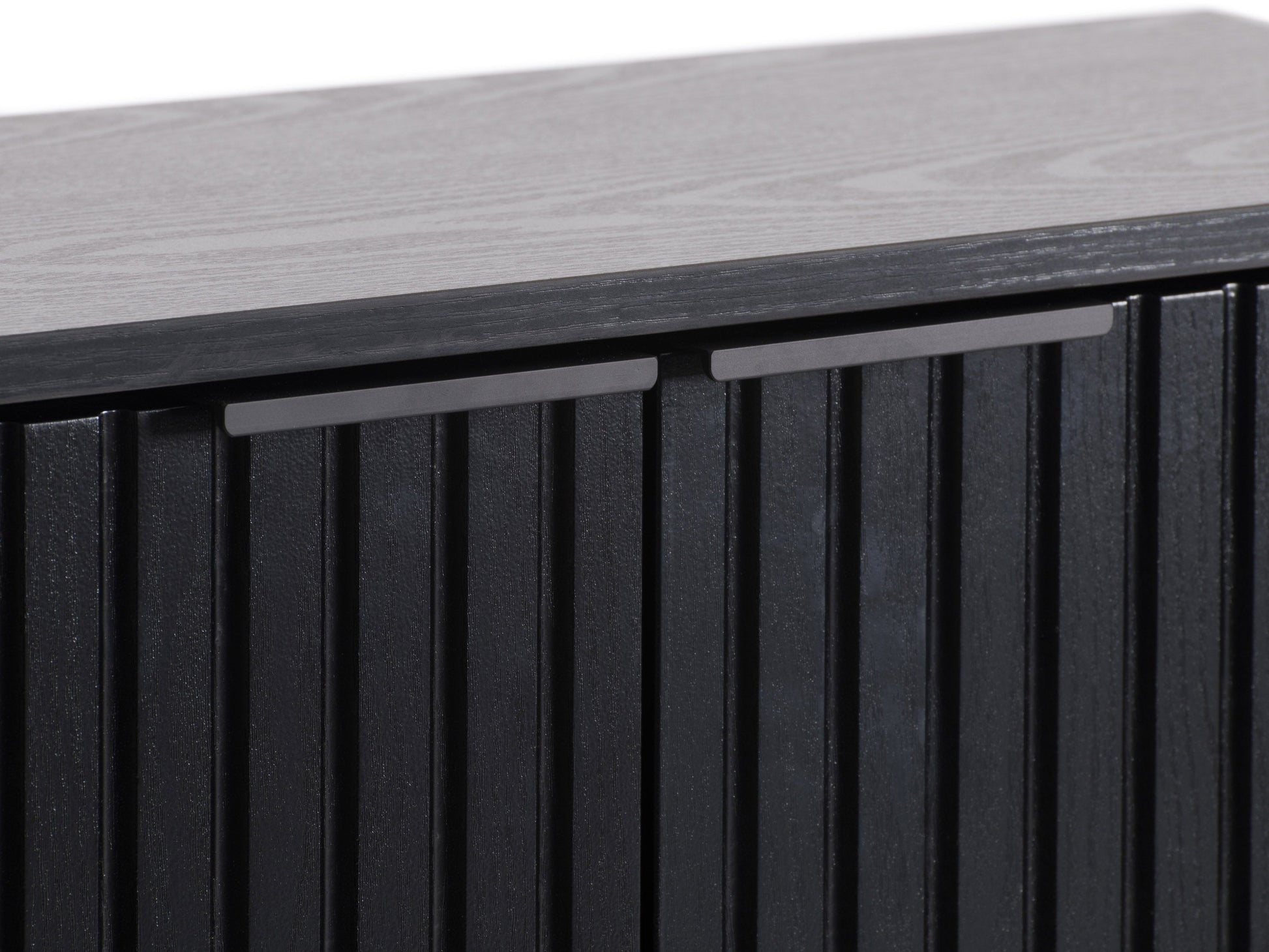 Dark wood bar cabinet with brass handles, featuring a sleek modern design, two doors with geometric patterns, and interior shelving for wine and glass storage. Ideal for dining room or home bar.