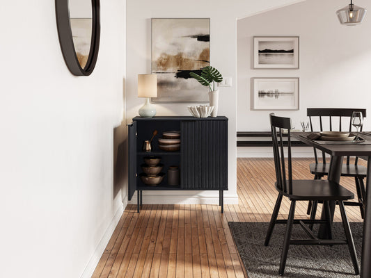 Dark wood bar cabinet with brass handles, featuring a sleek modern design, two doors with geometric patterns, and interior shelving for wine and glass storage. Ideal for dining room or home bar.