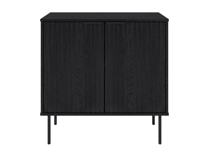 Dark wood bar cabinet with brass handles, featuring a sleek modern design, two doors with geometric patterns, and interior shelving for wine and glass storage. Ideal for dining room or home bar.