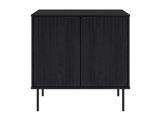 Dark wood bar cabinet with brass handles, featuring a sleek modern design, two doors with geometric patterns, and interior shelving for wine and glass storage. Ideal for dining room or home bar.