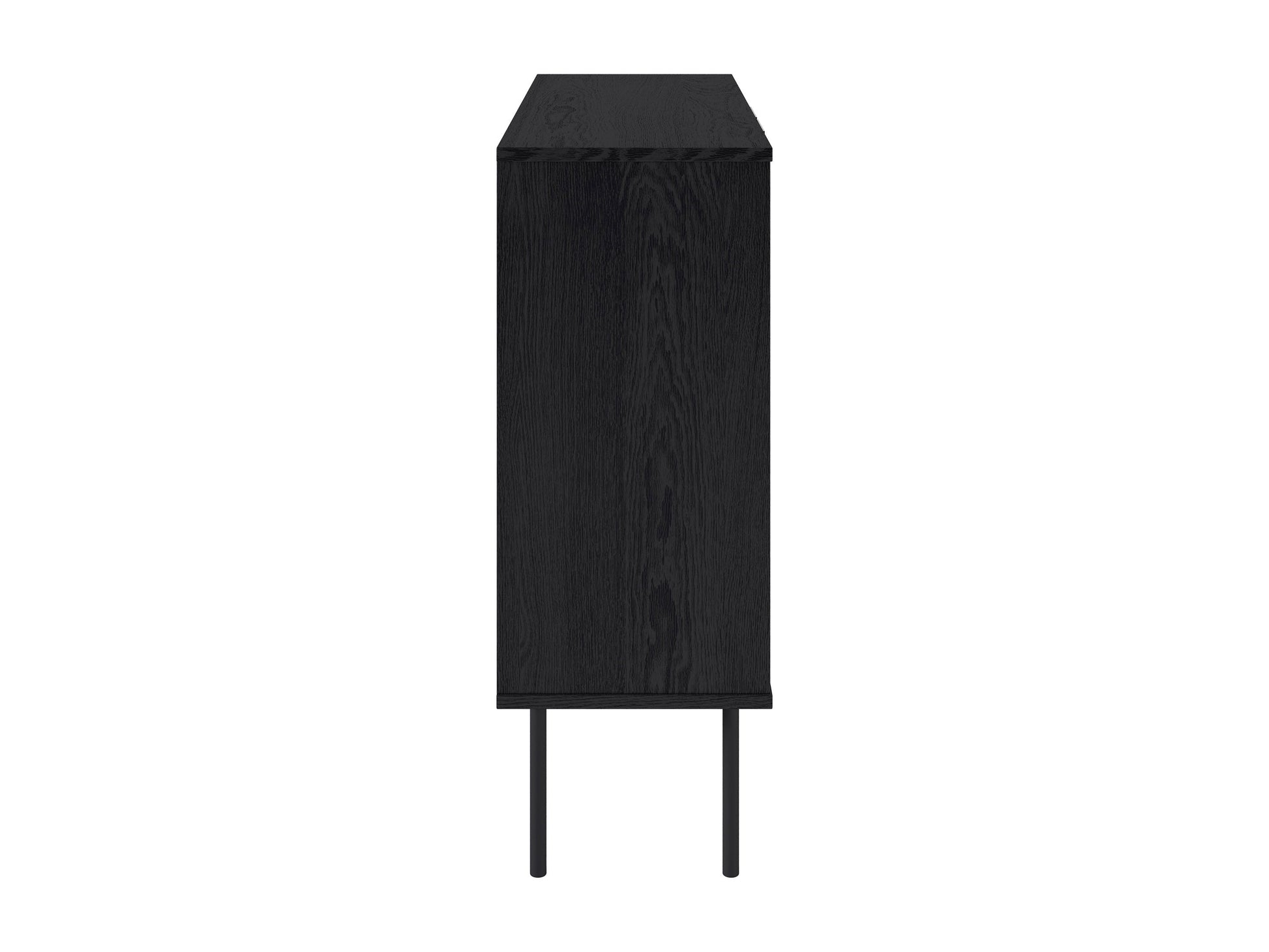 Dark wood bar cabinet with brass handles, featuring a sleek modern design, two doors with geometric patterns, and interior shelving for wine and glass storage. Ideal for dining room or home bar.