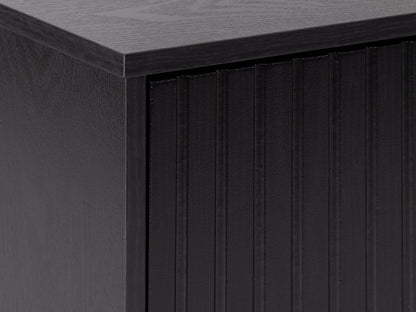 Modern sideboard buffet with sleek walnut finish, featuring three spacious drawers and two cabinet doors with brushed metal handles, perfect for stylish storage in dining or living rooms.