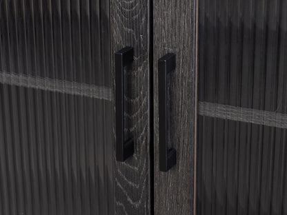 Fluted glass sideboard with black metal frame, featuring ribbed glass doors, sleek handles, and a modern design.