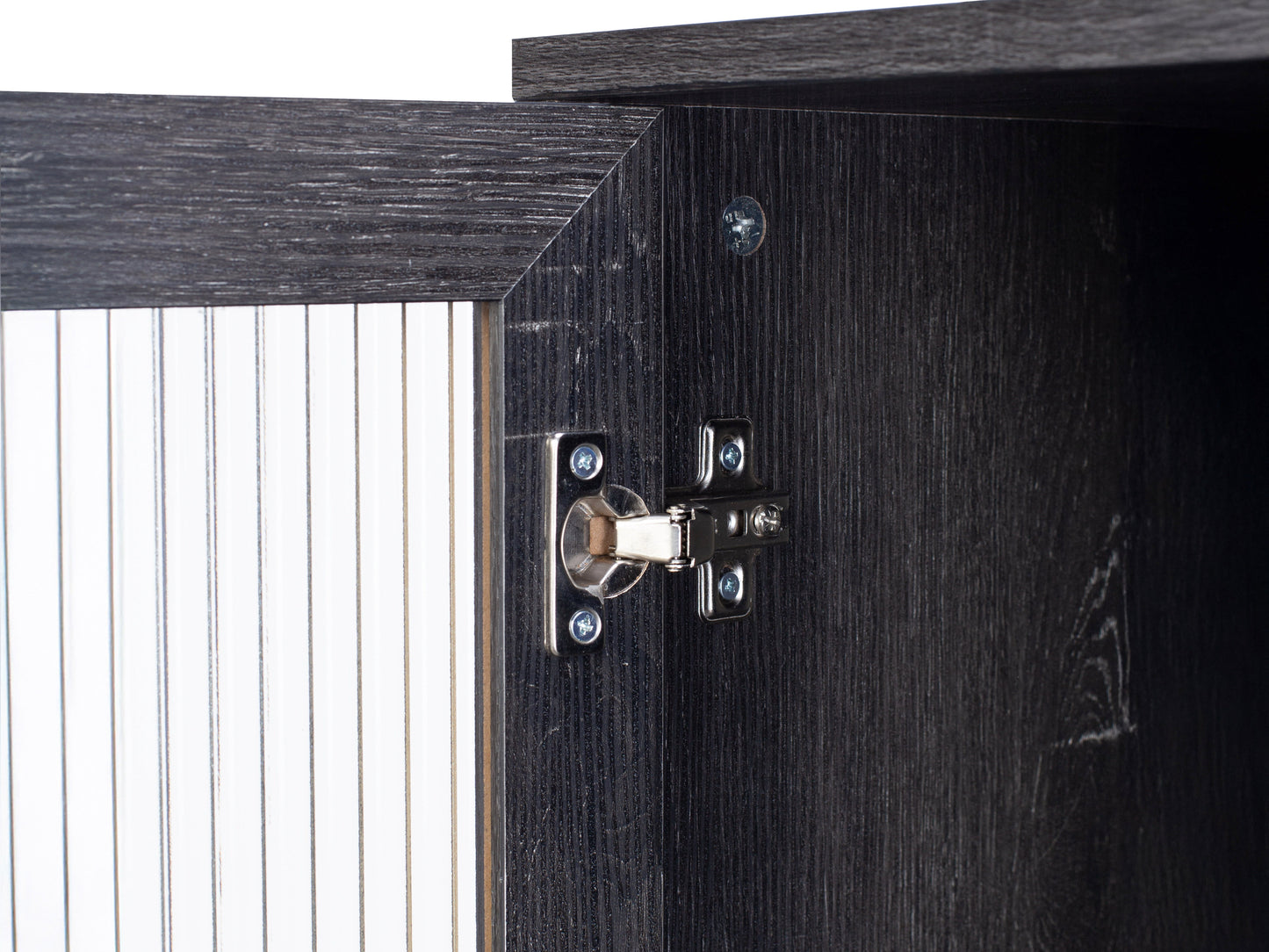 Fluted glass sideboard with black metal frame, wooden top, and textured glass doors.