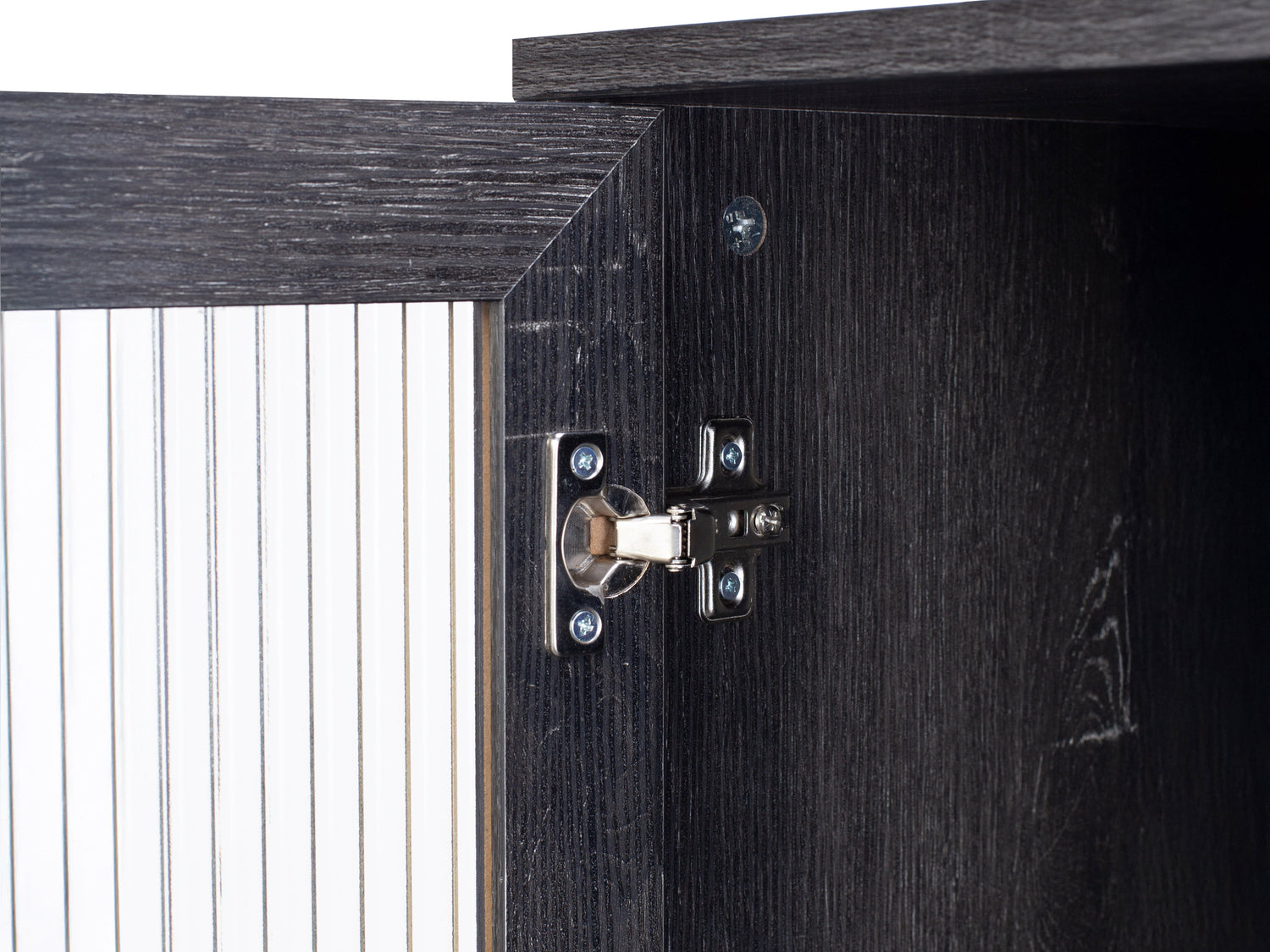 Fluted glass sideboard with black metal frame, wooden top, and textured glass doors.