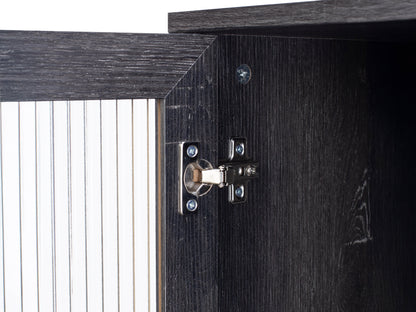 Fluted glass sideboard with black metal frame, wooden top, and textured glass doors.
