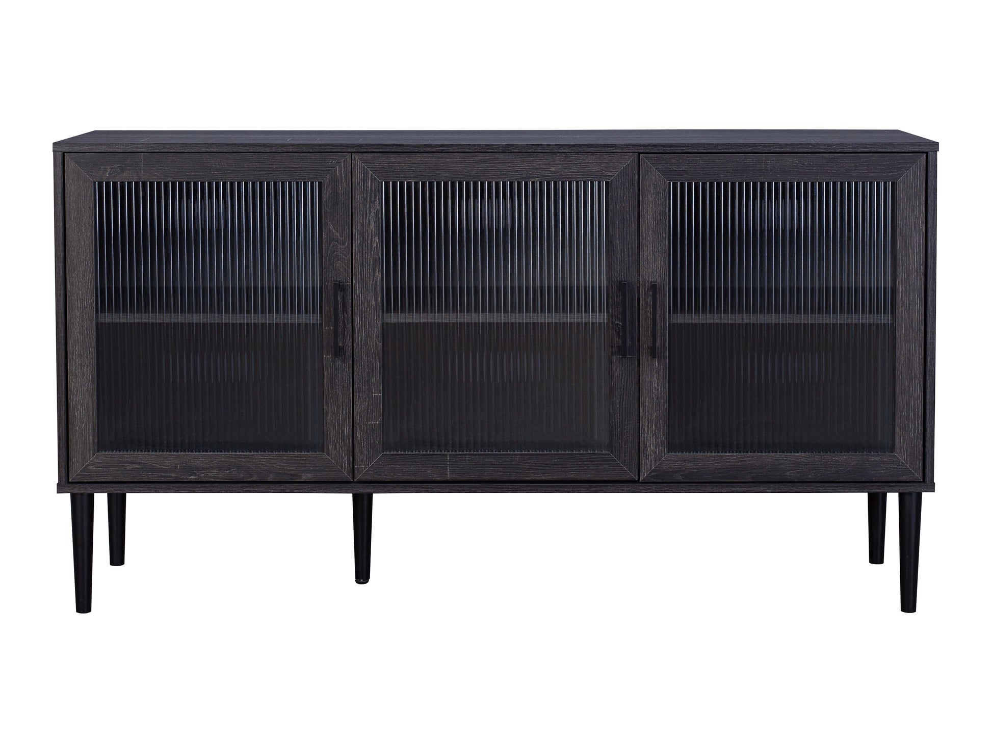 Fluted glass sideboard with sleek black metal frame, featuring double doors with vertical glass panels, minimalist handles, and a smooth black top surface. Ideal for modern living or dining rooms.