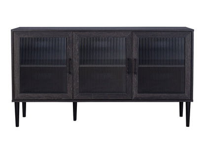 Fluted glass sideboard with sleek black metal frame, featuring double doors with vertical glass panels, minimalist handles, and a smooth black top surface. Ideal for modern living or dining rooms.