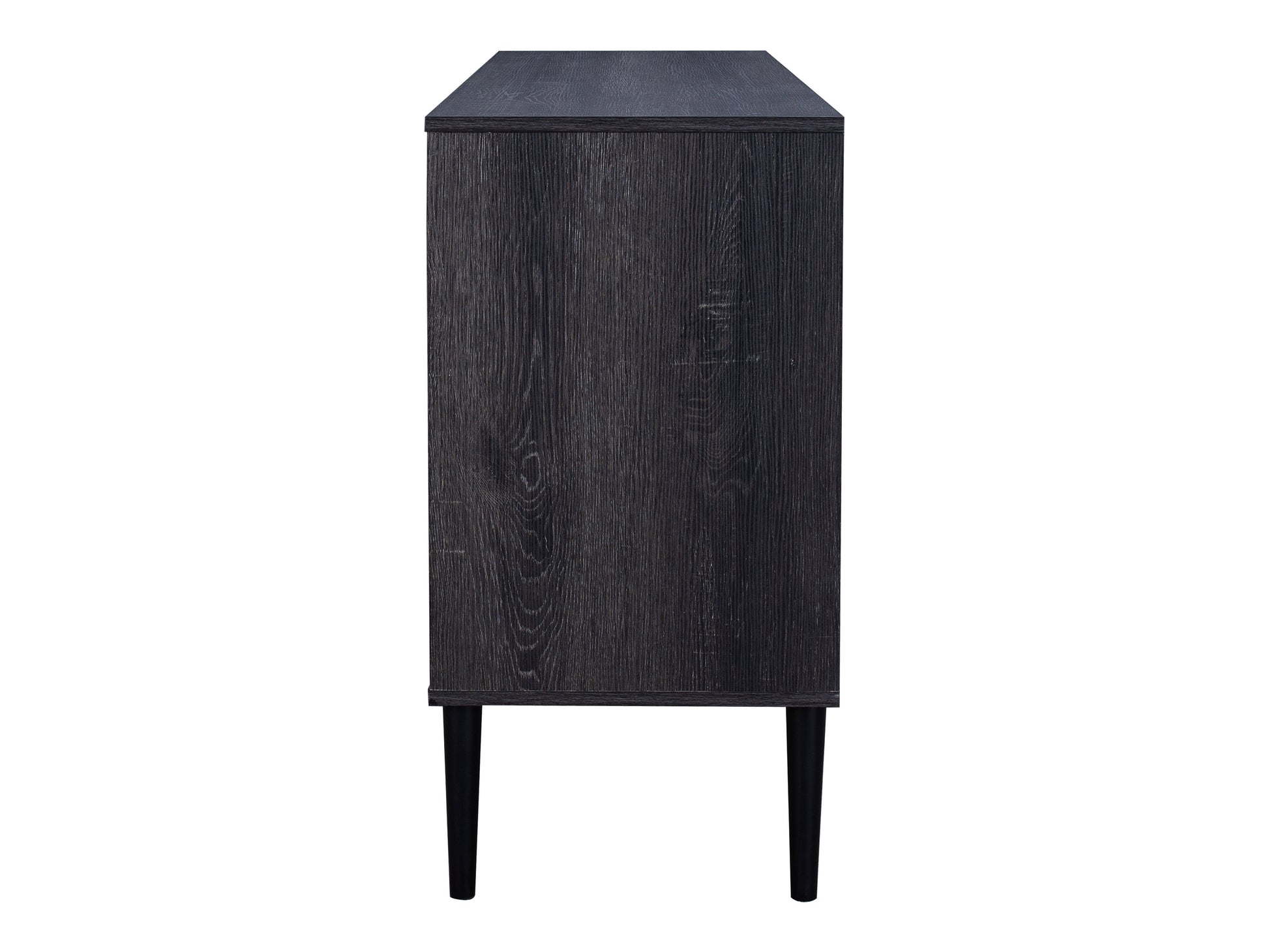 Fluted glass sideboard with black metal frame, featuring sleek lines and a modern design. The glass panels are textured with vertical fluting, and the sideboard includes spacious storage compartments.