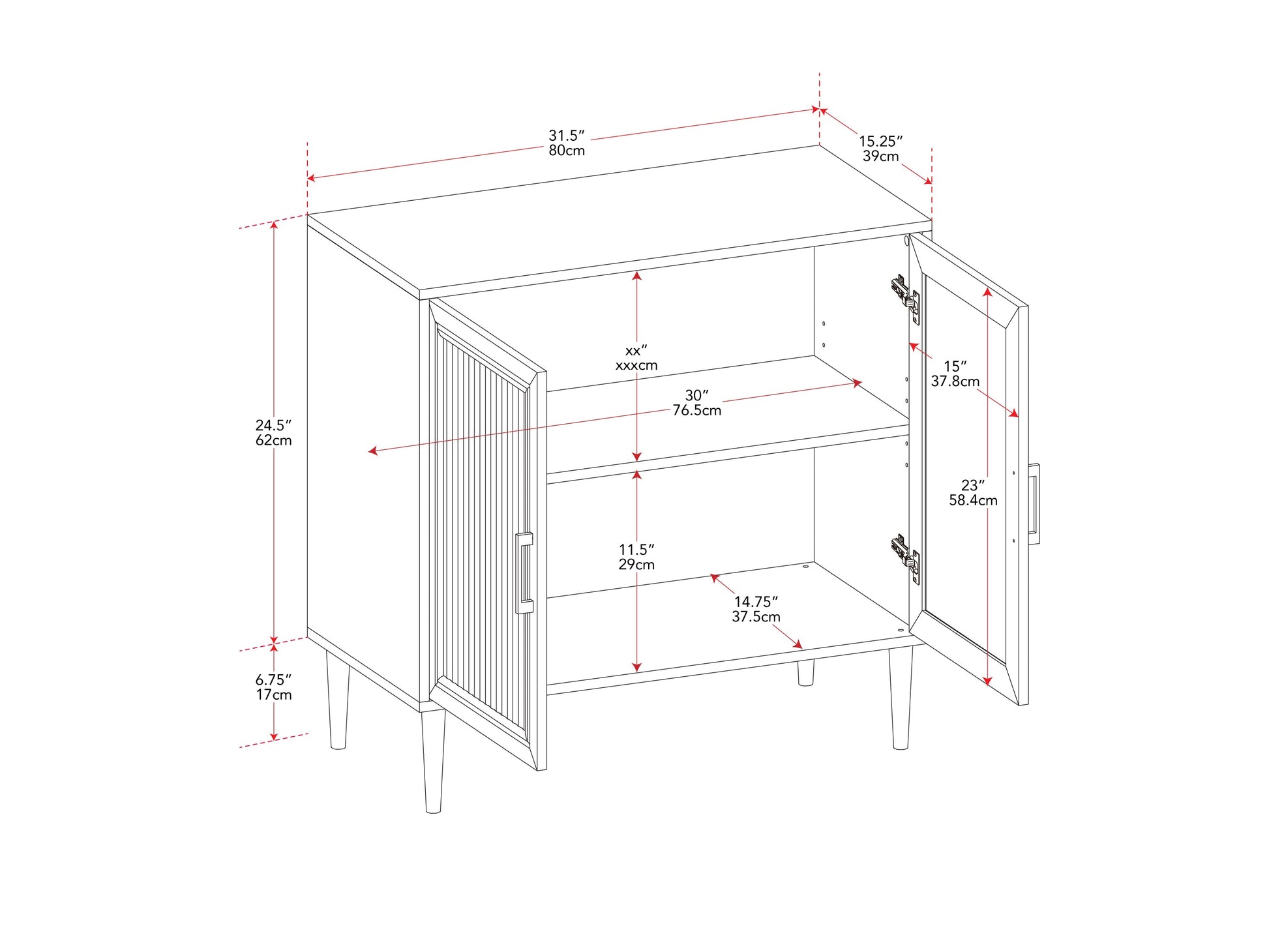 Fluted glass buffet cabinet with dark wood frame, two glass doors, and brass handles. Elegant dining storage with textured glass panels and sleek modern design. Ideal for contemporary dining spaces.