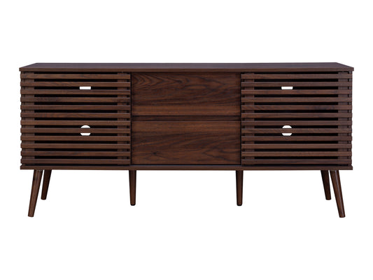 Walnut sideboard console TV stand with mid-century modern design, featuring sleek walnut finish, two sliding doors, open shelving, and tapered legs. Ideal for stylish living room storage and entertainment setups.