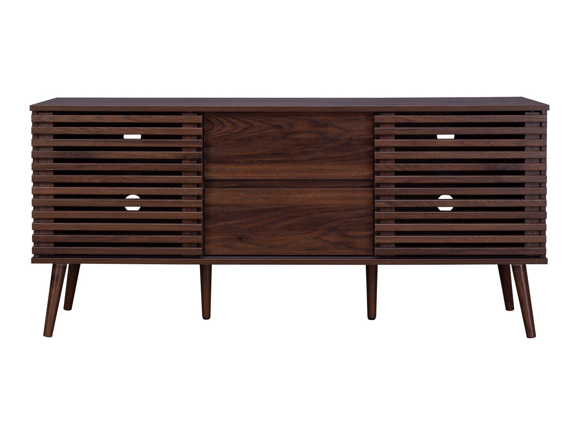 Walnut sideboard console TV stand with mid-century modern design, featuring sleek walnut finish, two sliding doors, open shelving, and tapered legs. Ideal for stylish living room storage and entertainment setups.