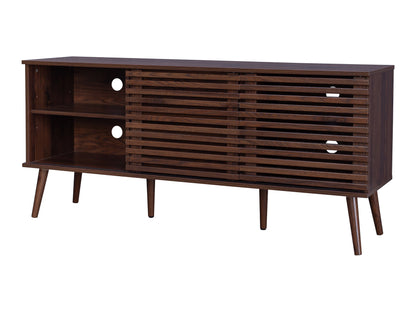 Walnut sideboard console TV stand with sleek design, rich walnut finish, four cabinet doors, and black metal legs, providing ample storage space and modern elegance for living rooms.