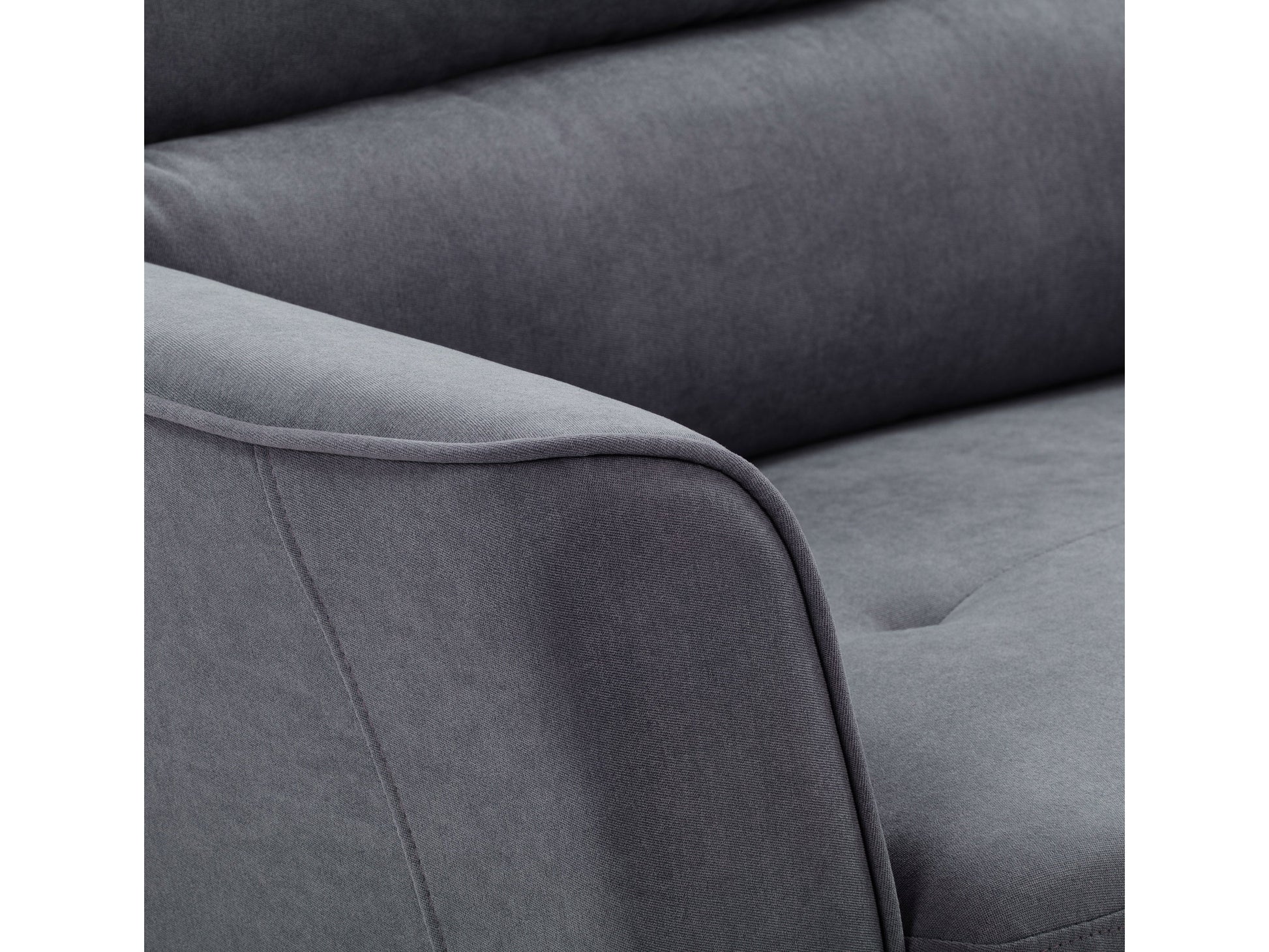 Dark grey 3-seater sofa with plush cushions, modern design, and wooden legs. Upholstered in durable fabric, perfect for contemporary living rooms.