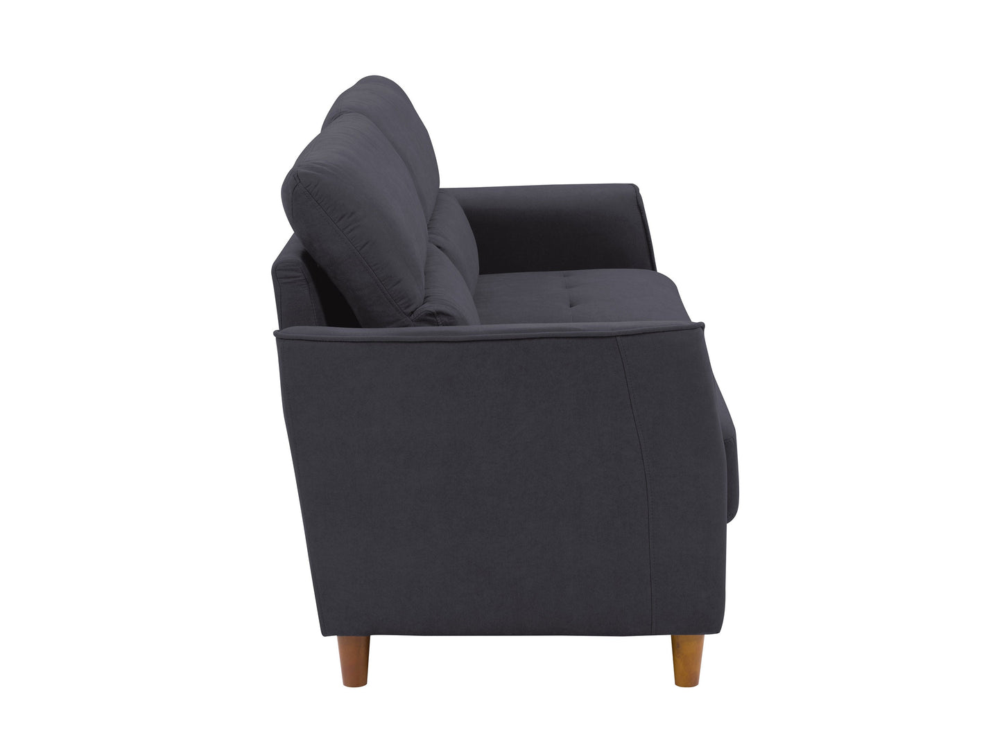 Dark grey 3-seater sofa with plush cushions, modern design, and wooden legs. Upholstered in durable fabric, perfect for contemporary living rooms.