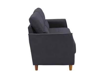 Dark grey 3-seater sofa with plush cushions, modern design, and wooden legs. Upholstered in durable fabric, perfect for contemporary living rooms.